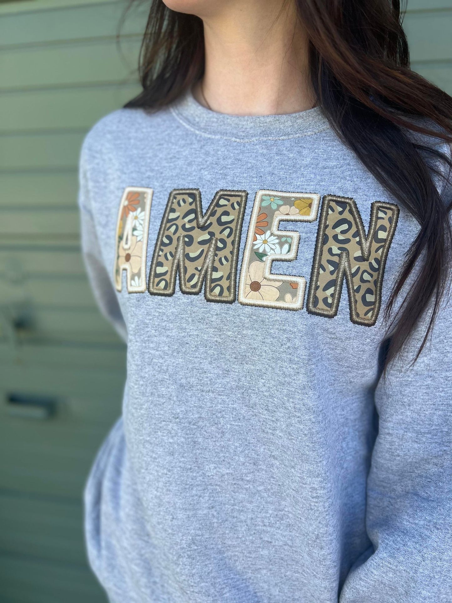 Faux Embroidery Amen Patch Sweatshirt