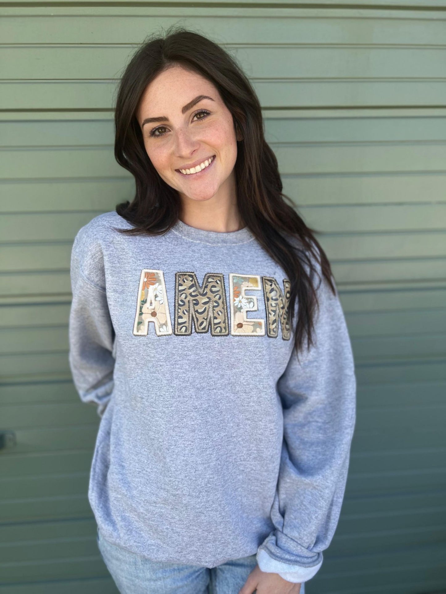 Faux Embroidery Amen Patch Sweatshirt