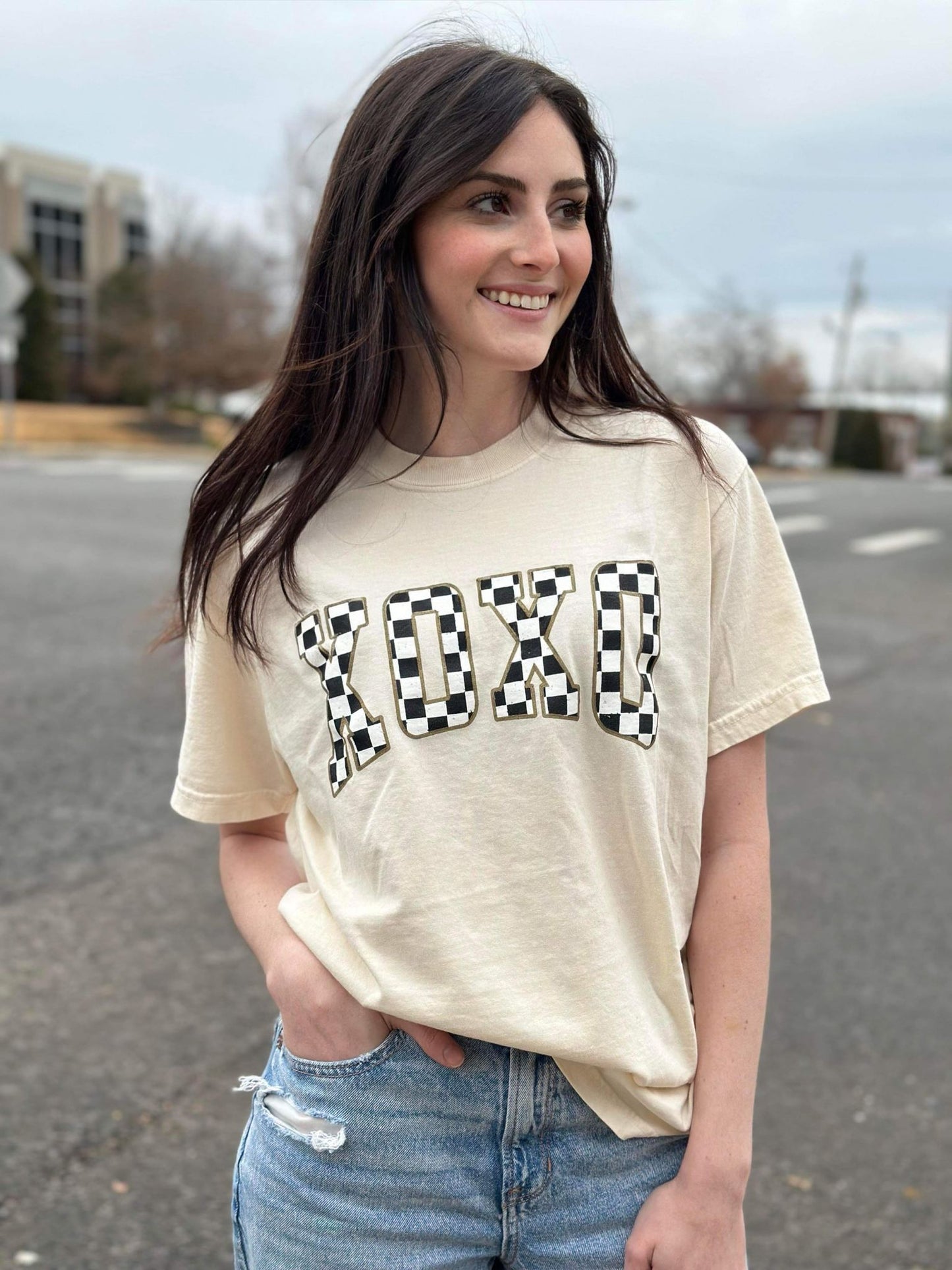 Neutral Checkered XOXO Tee