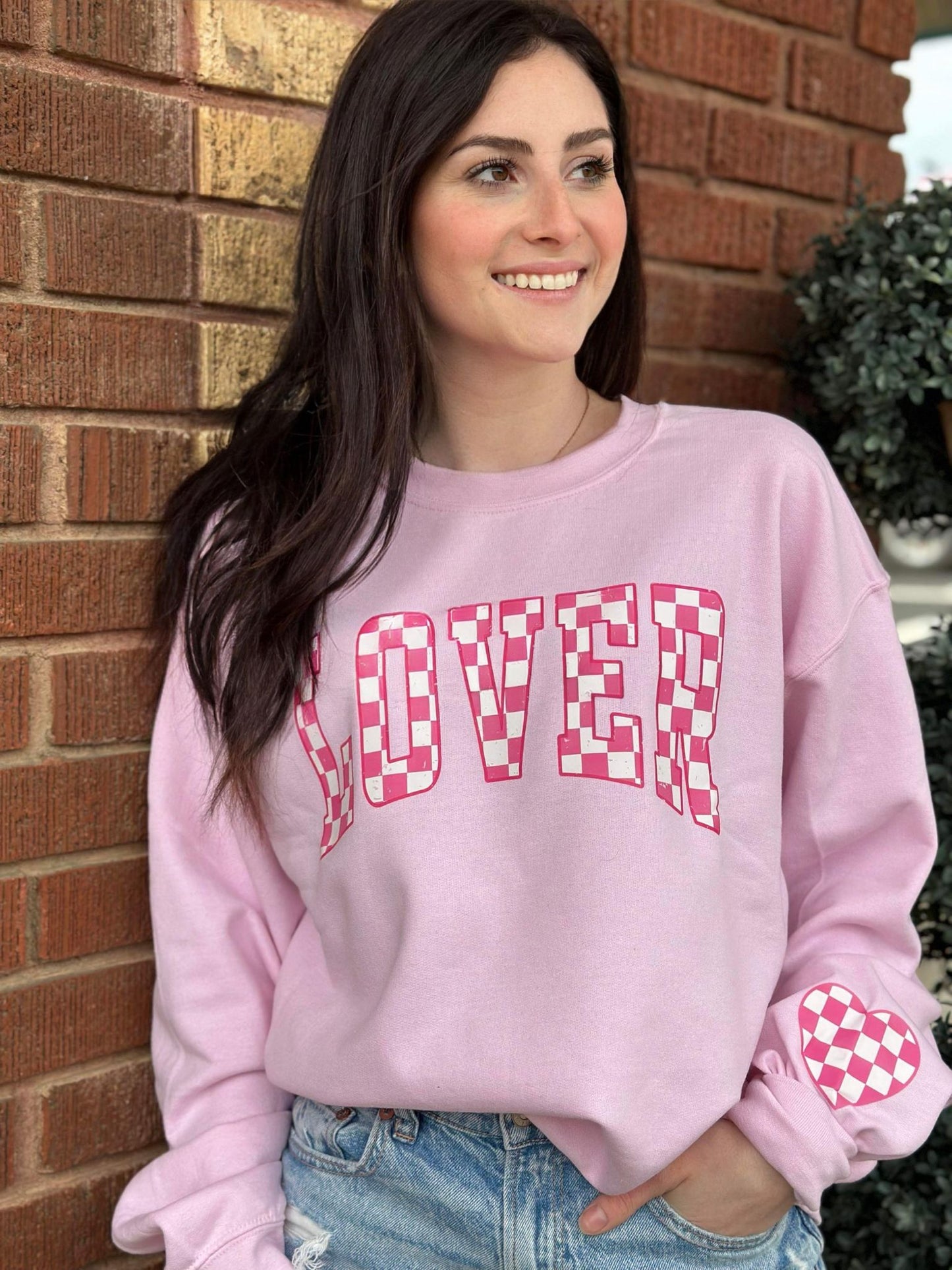 Pink Checkered Lover with Heart Sleeve Sweatshirt