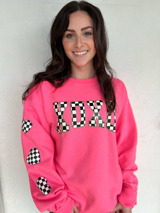 Neon Pink Checkered XOXO Sweatshirt