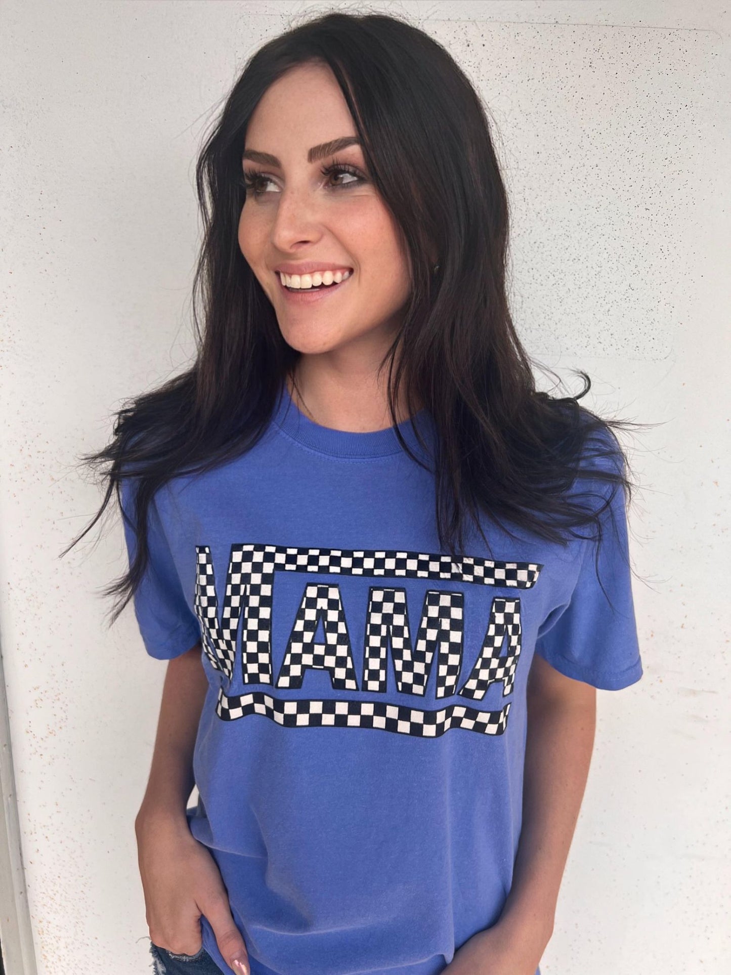 Blue Checkered Mama Tee