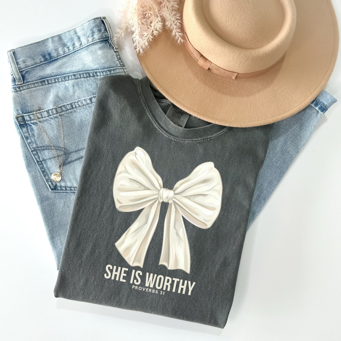 She Is Worthy Bow Tee