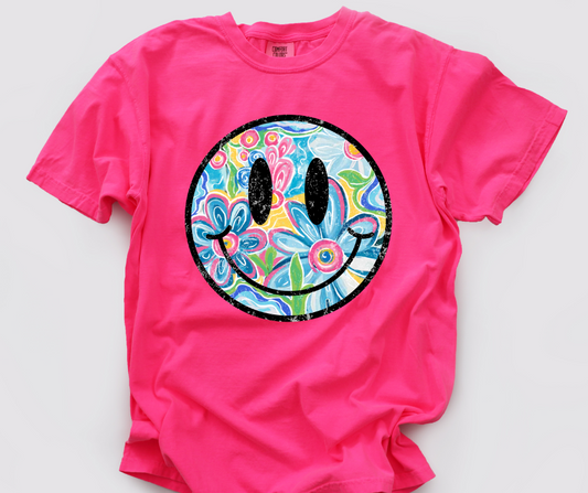 FLORAL OVERSIZED SMILEY NEON PINK