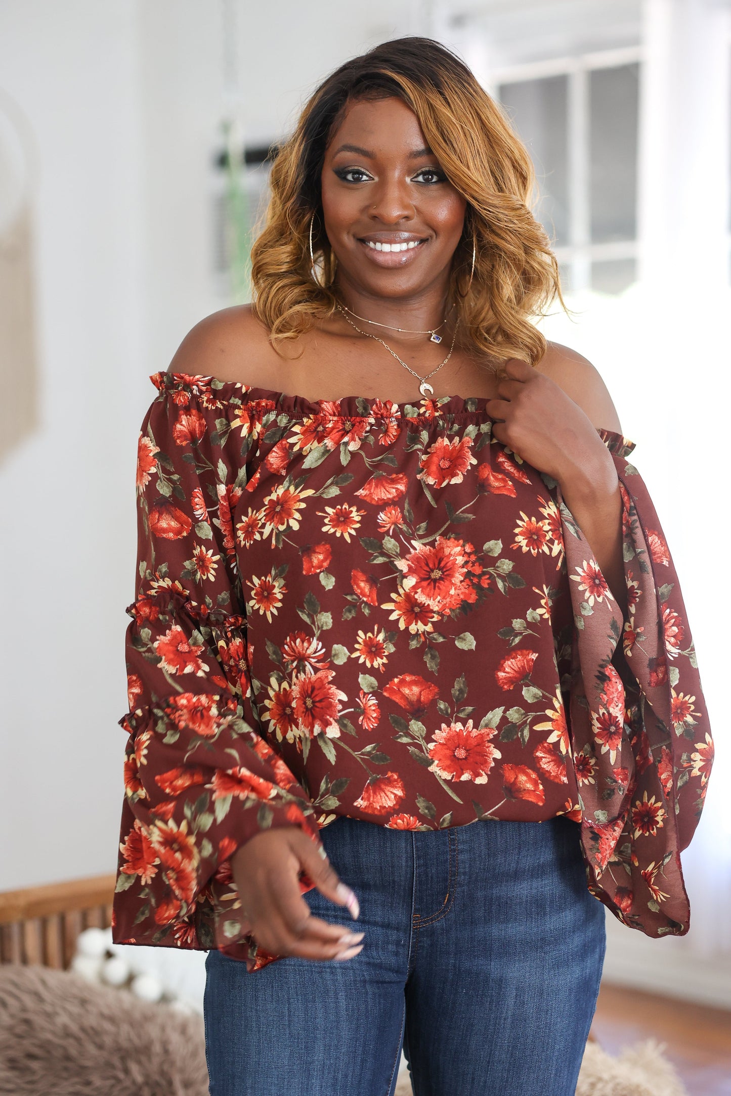 Rustic Floral Bell Sleeve Top