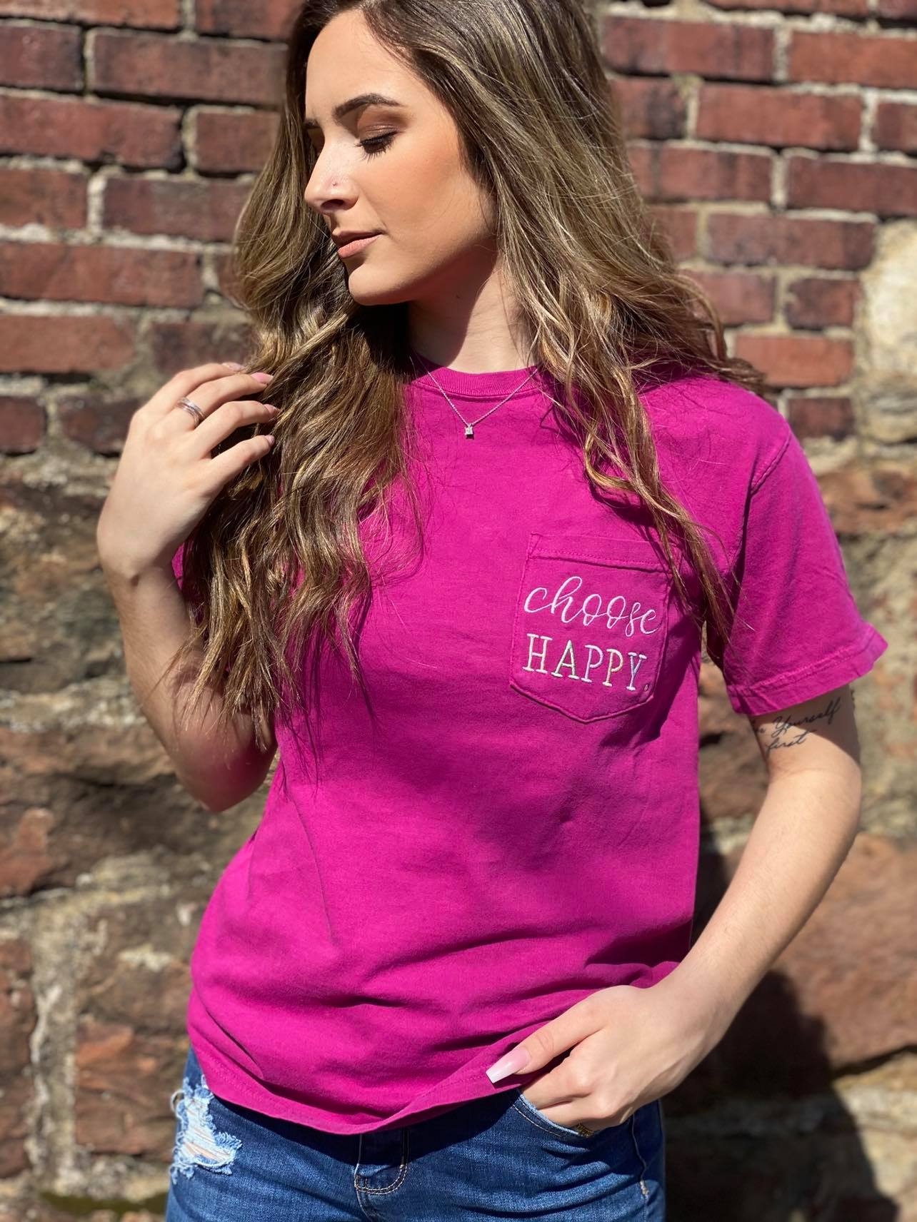 Choose Happy Pocket Tee-ask apparel wholesale